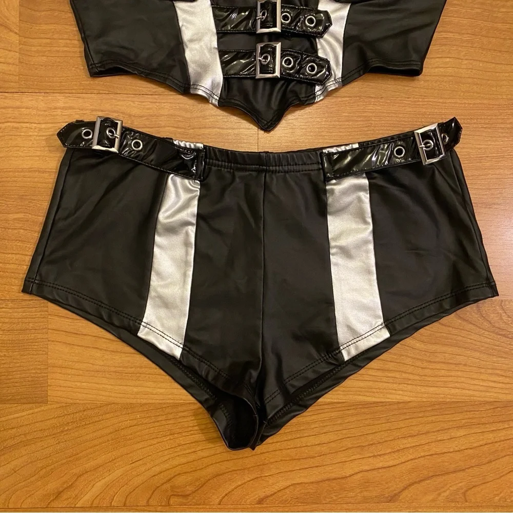 Black Faux Leather & Metallic Silver Buckle Festival Set